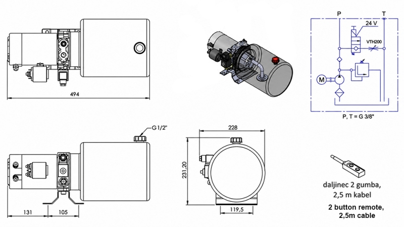 UNITÀ DI POTENZA IDRAULICA MINI 24V DC - 2.2KW = 2.1CC - 8 LIT - ASSEMBLAGGIO MONOFASE (METALLO)