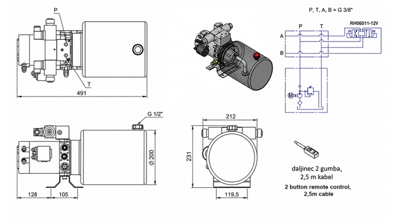 МИНИ ХИДРАВЛИЧЕН POWER-PACK 12V DC - 1.6kW = 2.1cc - 8 литра - двупосочна единица (метал)