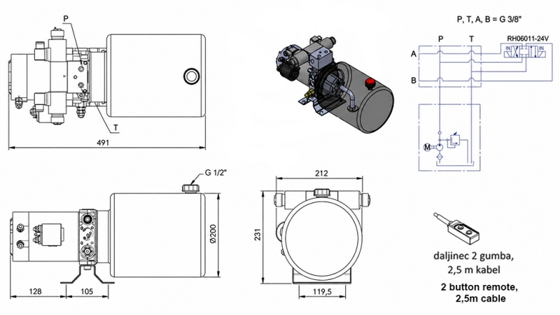 МИНИ ХИДРАВЛИЧЕН POWER-PACK 24V DC - 2.2kW = 2.1cc - 8 литра - двупосочна единица (метал)