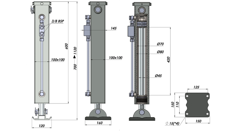 DVOSMERNA HIDRAVLIČNA PODPORNA NOGA (100x100x700 mm) - HOD 420 mm - 5.000 kg