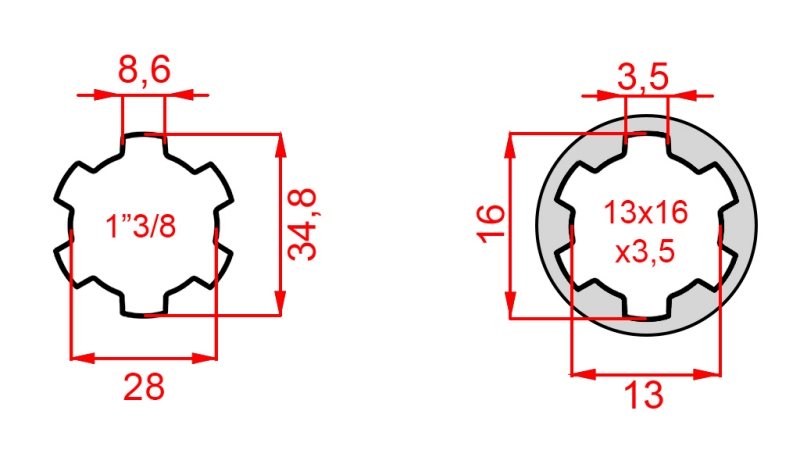 KARDANSKI NASTAVEK iz 13x16x3,5 (6 zob) na 1-3/8 (120 mm)