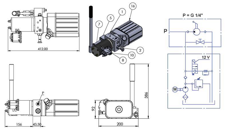 MINI HÜDRAULILINE AGREGAT 12V DC - 0.8kW = 0.5cc - 1.5 liitrit - ühefaasiline seade (PVC) käsipumbaga