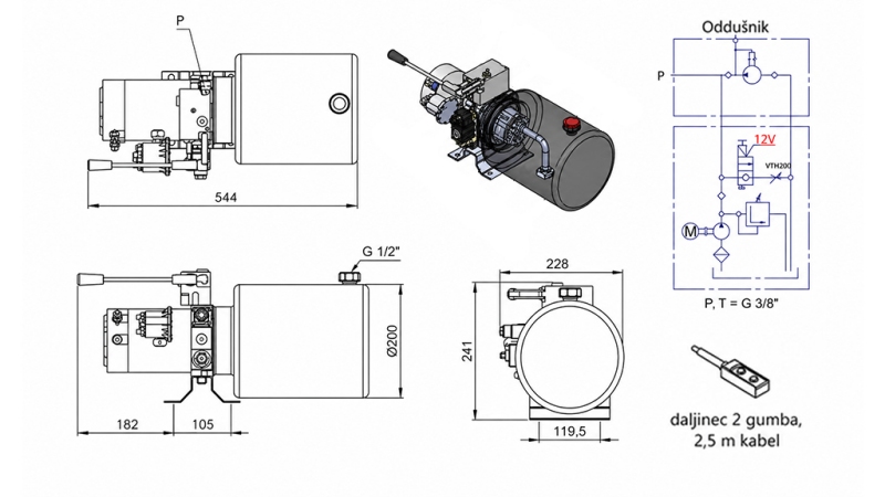 MINI HYDRAULISCH KRACHTPAKKET 12V DC - 1.6kW = 2.1cc - 8 liters - eenfasige eenheid MET HANDPOMP