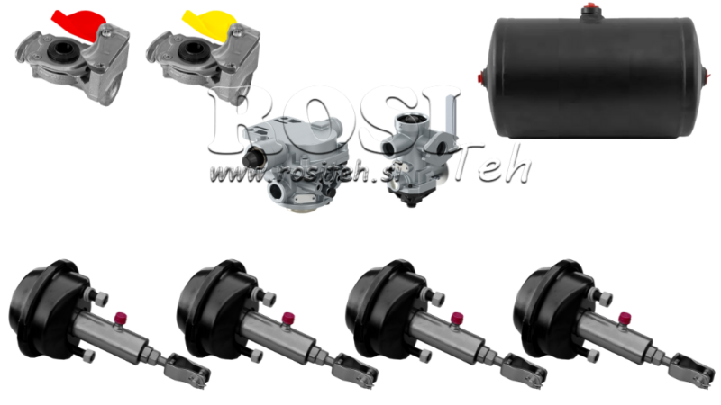 ZESTAW HAMULCÓW POWIETRZNO-HYDRAULICZNYCH DO PRZYCZEPY KOMPLETNY SYSTEM PODWÓJNEGO OBWODU 4 CYLINDRY