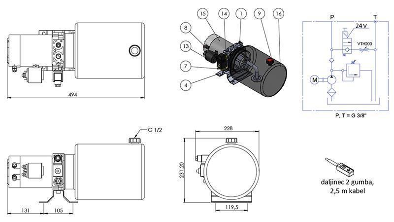 MINI AGREGAT HYDRAULICZNY 24V DC - 2.2kW = 2.1cc - 8 lit - montaż w kierunku jednostronnym (metal)