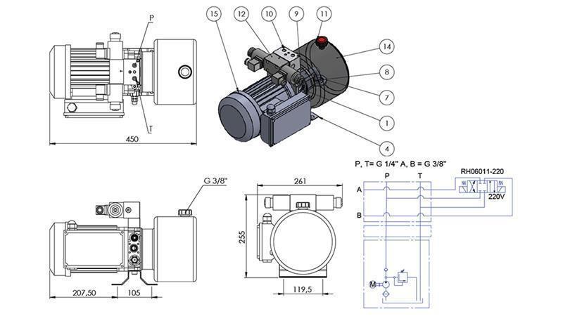 MINI AGREGAT HYDRAULICZNY 230V AC (0.75 kW) - 3.7 cc - 5.2 lit/min - zbiornik 4 lit