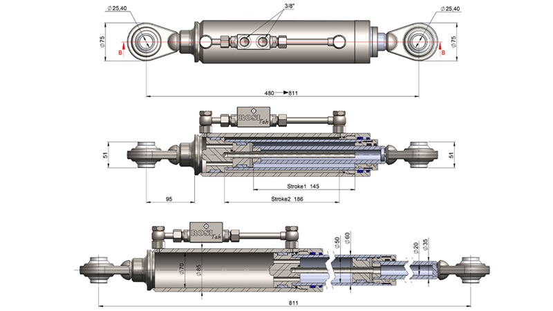 ТЕЛЕСКОПИЧЕН ХИДРАВЛИЧЕН ГОРЕН ТЕГЛИЧ СТАНДАРД - CAT. 2 (45-95 HP) - 480-811 mm (25,4/25,4 mm)