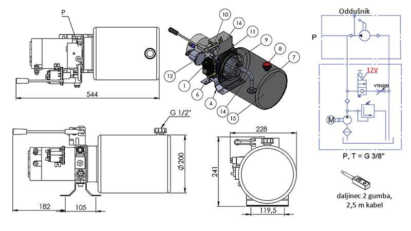 MINI HÜDRAULILINE AGREGAT 12V DC - 1.6kW = 2.1cc - 8 l - ühesuunaline kokkupanek KÄSIPUMPA KANALIGA