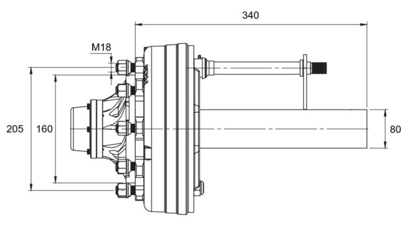 ПОЛУОСКА СЪС СПИРАЧКИ - 4400 kg (6 ВИНТА) - 340 mm