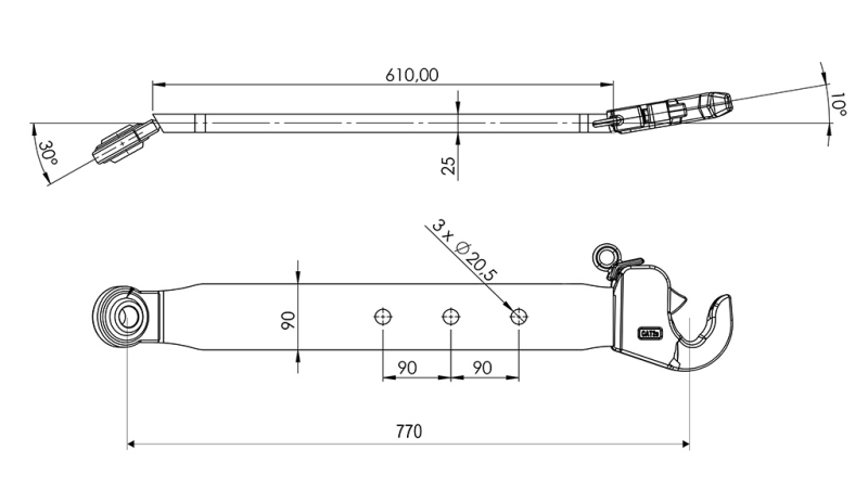 ДОЛНИ РАМЕНА ЗА ТРИТОЧКОВО ОКАЧВАНЕ CAT. 2 - 70x20 mm - 770 mm (75 HP)