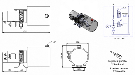 UNITÀ DI POTENZA IDRAULICA MINI 24V DC - 2.2KW = 2.1CC - 8 LIT - ASSEMBLAGGIO MONOFASE (METALLO)