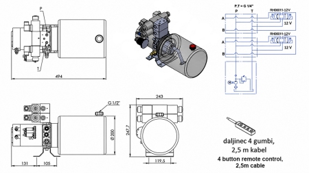 MINI HYDRAULISK POWER-PACK 12V DC - 1.6kW = 2.1cc - 8 lit - 2x bidirektionel enhed (metal)