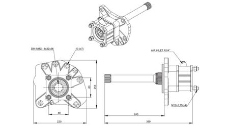 Wymiary WYJŚCIE DLA POMPY HYDRAULICZNEJ - MERCEDES G155 - 1 ACTROS