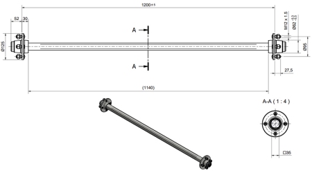 NÁPRAVA PRÍVESU 950 kg BEZ BRZDY (1200 mm)