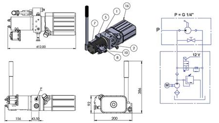 MINI HÜDRAULILINE AGREGAT 12V DC - 0.8kW = 0.5cc - 1.5 liitrit - ühefaasiline seade (PVC) käsipumbaga