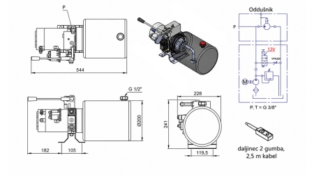 MINI HYDRAULISCH KRACHTPAKKET 12V DC - 1.6kW = 2.1cc - 8 liters - eenfasige eenheid MET HANDPOMP