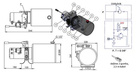 MINI HÜDRAULILINE AGREGAT 12V DC - 1.6kW = 2.1cc - 8 l - ühesuunaline kokkupanek KÄSIPUMPA KANALIGA