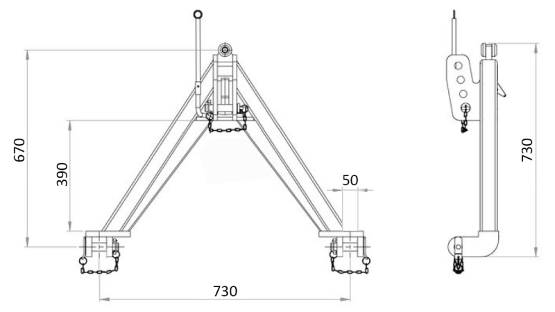 ПРЕДЕН ТРИЪГЪЛНИК ЗА ПРЕДНА ХИДРАВЛИКА НА ТРАКТОР CAT. 1 - 730 MM - 1200 KG