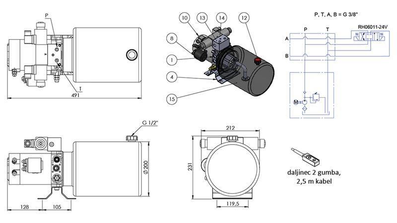 AGREGAT HIDRAULIC MINI 24V DC - 2.2kW = 2.1cc - 8 lit - asamblare în direcție dublă (metal)