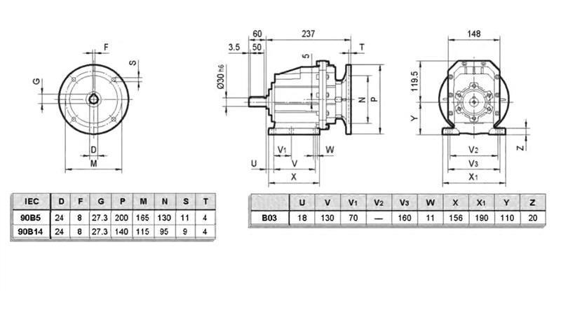 REDUCȚIE ERC03 PENTRU MOTOR ELECTRIC MS90 (1.1-1.5kW) RATIO 25:1
