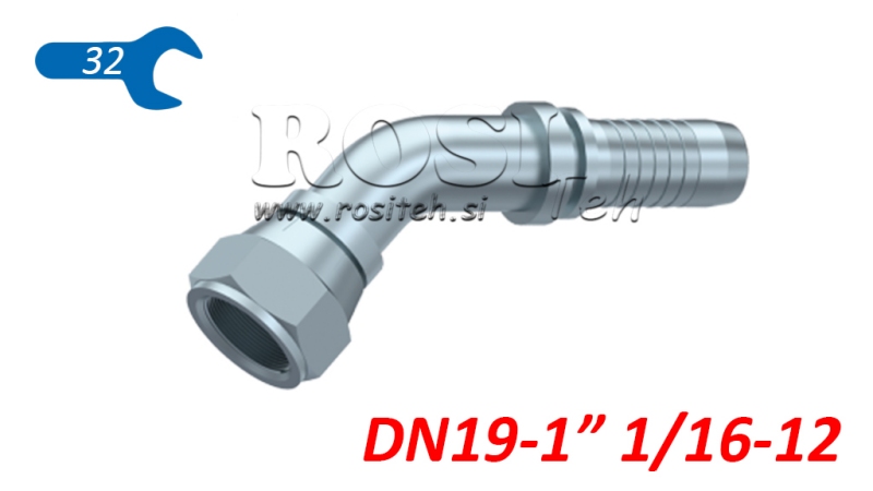 HYDRAULISK TILKOBLING DKJ JIC74° HUNN ELBOW 45° DN19-1 1/16-12