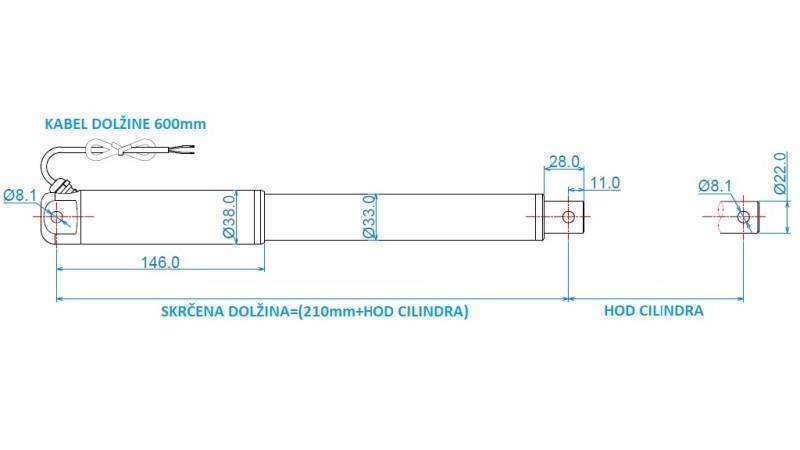 ЕЛЕКТРИЧЕСКИ ЦИЛИНДЪР 12V 80kg-12mm/sec ХОД 500mm - размери