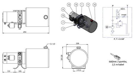 МИНИ ХИДРАВЛИЧЕН АГРЕГАТ 12V DC - 1.6kW = 2.1cc - 8 литра - еднопосочно сглобяване (метал)
