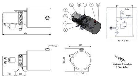 AGREGAT HIDRAULIC MINI 24V DC - 2.2kW = 2.1cc - 8 lit - asamblare în direcție unică (metal)