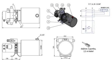 AGREGAT HIDRAULIC MINI 24V DC - 2.2kW = 2.1cc - 8 lit - asamblare în direcție dublă (metal)