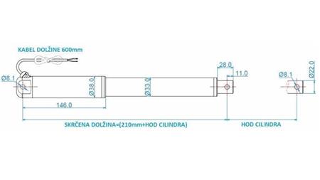 ЕЛЕКТРИЧЕСКИ ЦИЛИНДЪР 12V 80kg-12mm/sec ХОД 500mm - размери